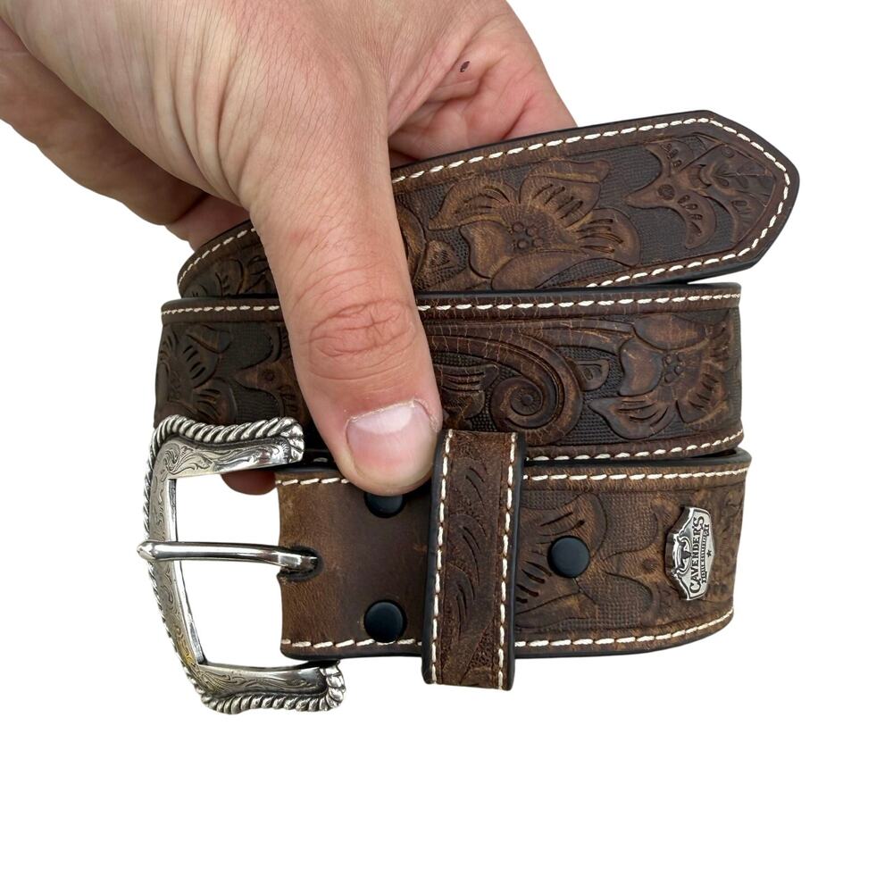 CAVENDER'S Genuine Leather Brown Belt Floral Embossed Size 30 - 9752844